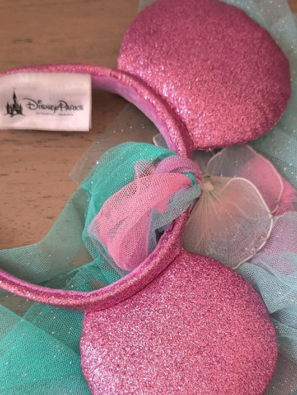 Disney Pink Glitter Mouse Ear Headband with Aqua Tulle